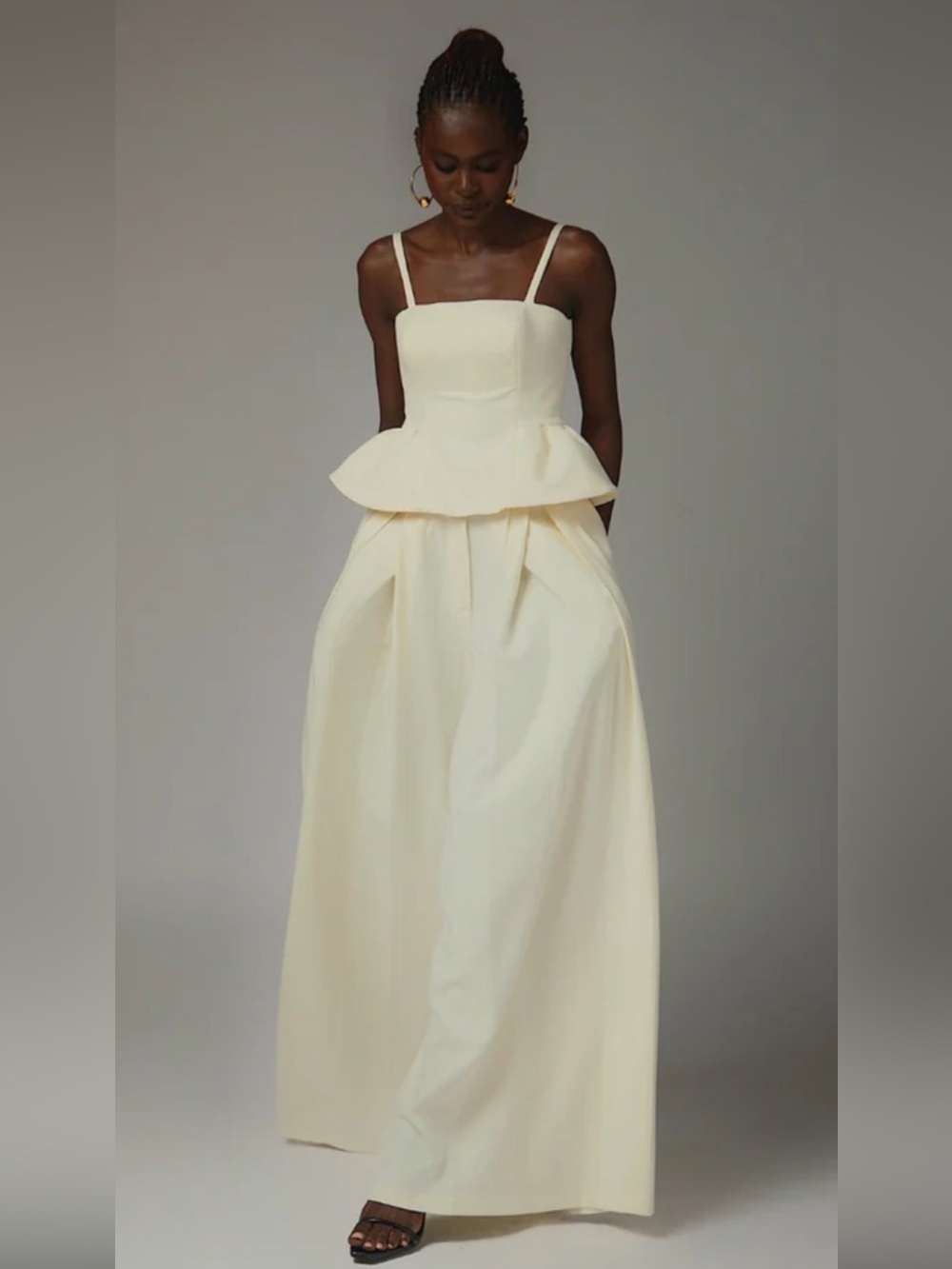 Cynthia Abila Bebe cream/off white peplum top & pants set